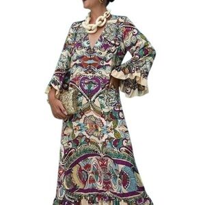 ZARA NEW WOMAN FW22 PRINTED MIDI DRESS RUFFLES MULTICOLORED Large